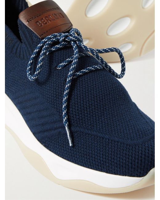 Berluti Blue Shadow Venezia Leather-trimmed Stretch-knit Sneakers for men