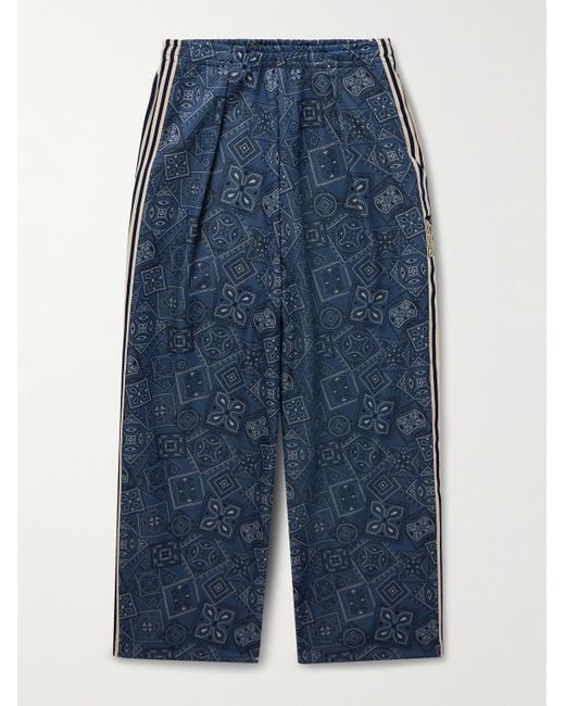 Kapital Blue Wide-Leg Striped Webbing-Trimmed Bandana-Print Tech-Jersey Track Pants for men