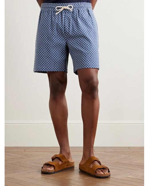 Portuguese Flannel Blue Straight-leg Organic Cotton-blend Jacquard Drawstring Shorts for men