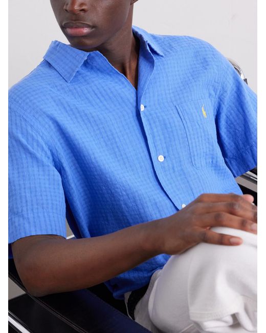 Polo Ralph Lauren Blue Logo-Embroidered Checked Linen And Cotton-Blend Shirt for men