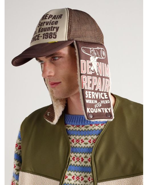Kapital Natural Denim Repair Service Fleece-Trimmed Printed Canvas And Mesh Trucker Cap for men