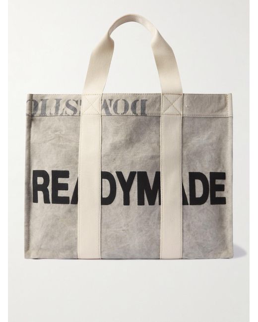 READYMADE Logo-print Webbing-trimmed Distressed Waxed Cotton-canvas Tote Bag  in Natural for Men