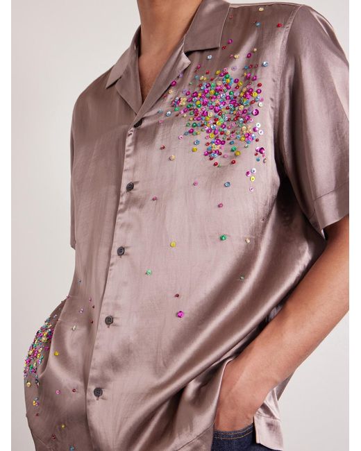 Dries Van Noten Pink Convertible-Collar Embellished Satin Shirt for men