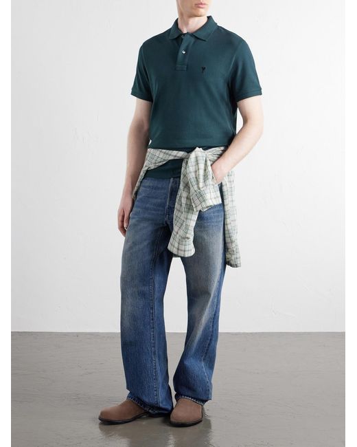 AMI Green Logo-Embroidered Cotton-Piqué Polo Shirt for men