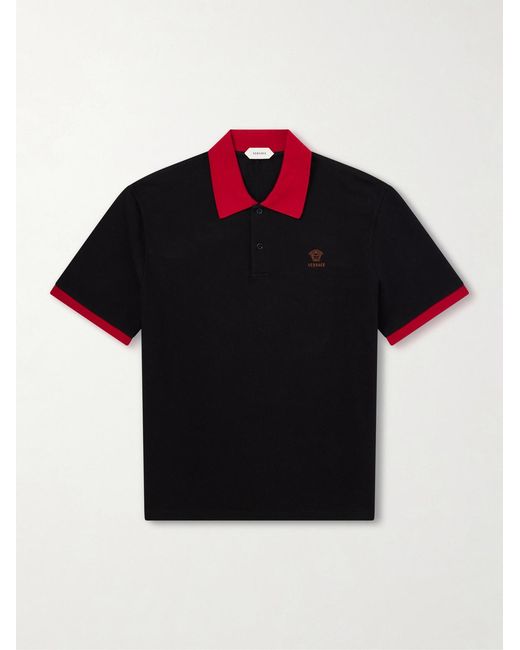 Versace Black Logo-embroidered Cotton-piqué Polo Shirt for men