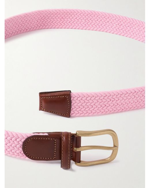 Anderson & Sheppard Pink 3.5cm Leather-trimmed Woven Elastic Belt for men