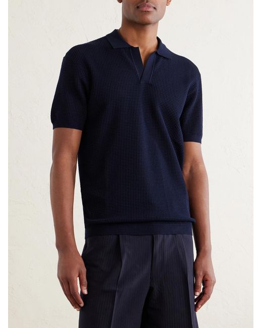 Orlebar Brown Blue Roddy Slim-Fit Camp-Collar Pointelle-Knit Polo Shirt for men