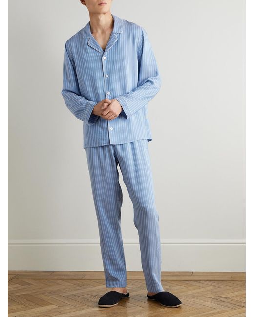Zimmerli of Switzerland Blue Camp-Collar Striped Woven Pyjama Set for men