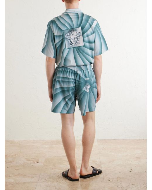 Versace Blue Wide-Leg Printed Cotton-Poplin Shorts for men