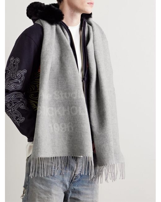 Acne Gray Venus 1996 Logo-Print Fringed Wool Scarf for men