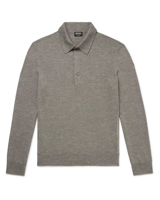 Zegna Gray Silk, Cashmere And Linen-Blend Polo Shirt for men