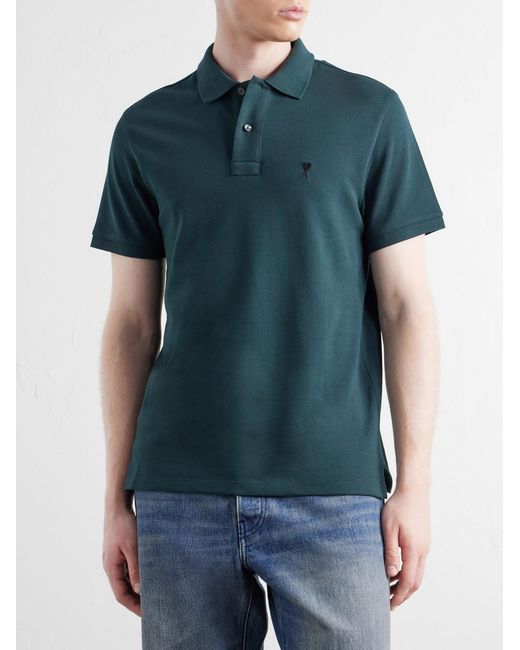 AMI Green Logo-Embroidered Cotton-Piqué Polo Shirt for men