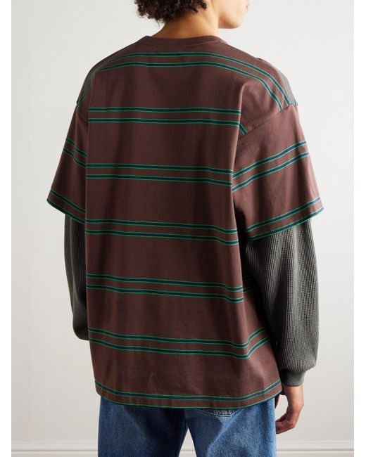 (w)taps Gray Waffle-Knit Trimmed Logo-Embroidered Striped Cotton-Jersey T-Shirt for men