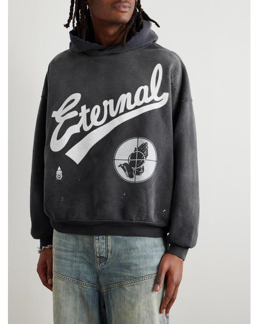 SAINT Mxxxxxx Black Fear Of God Distressed Logo-Print Cotton-Jersey Hoodie for men