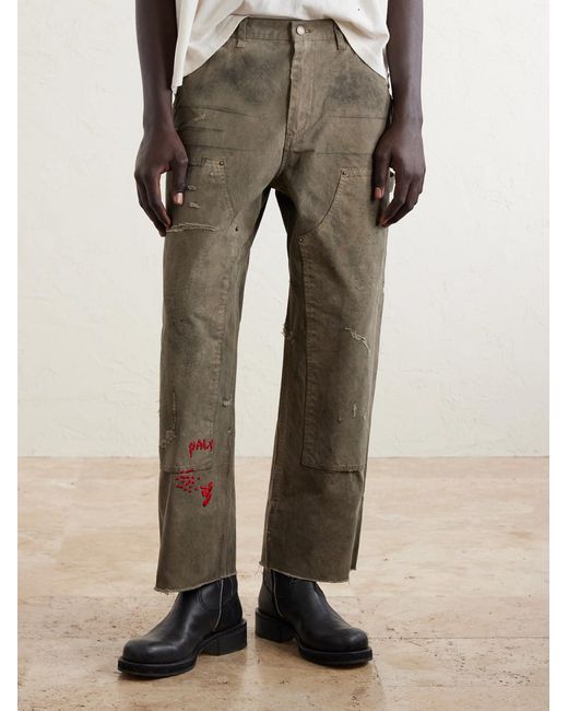 Paly Hollywood Natural Been Thru It Straight-leg Distressed Waxed Cotton-canvas Trousers for men