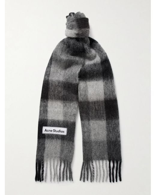 Acne Gray Fringed Checked Knitted Scarf for men