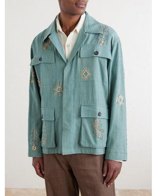 Kartik Research Blue Safari Embroidered Cotton Jacket for men