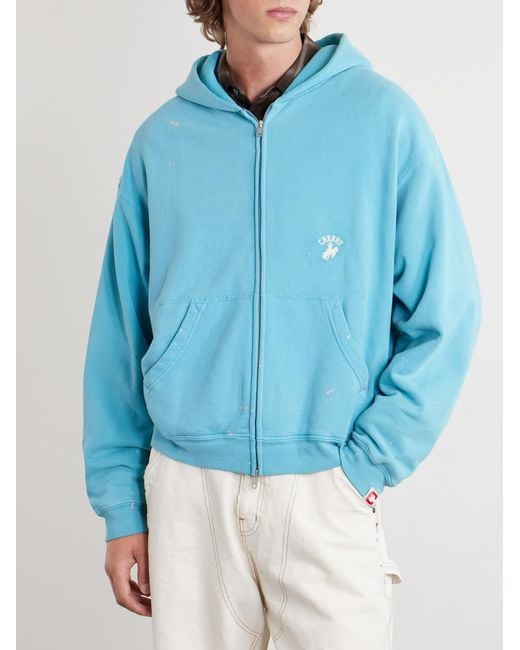 CHERRY LA Blue Logo-Embroidered Paint-Splattered Cotton-Jersey Zip-Up Hoodie for men