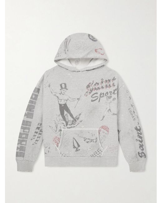SAINT Mxxxxxx White Printed Distressed Cotton-jersey Hoodie for men