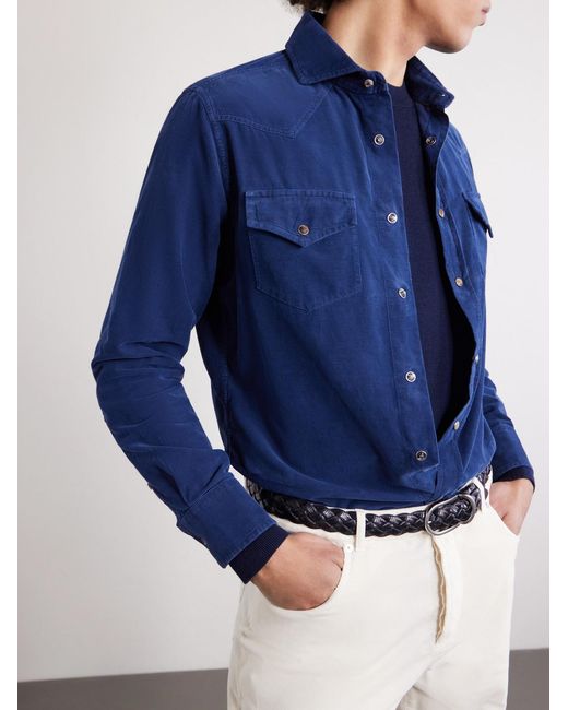 Brunello Cucinelli Blue Cutaway-Collar Cotton-Corduroy Western Shirt for men