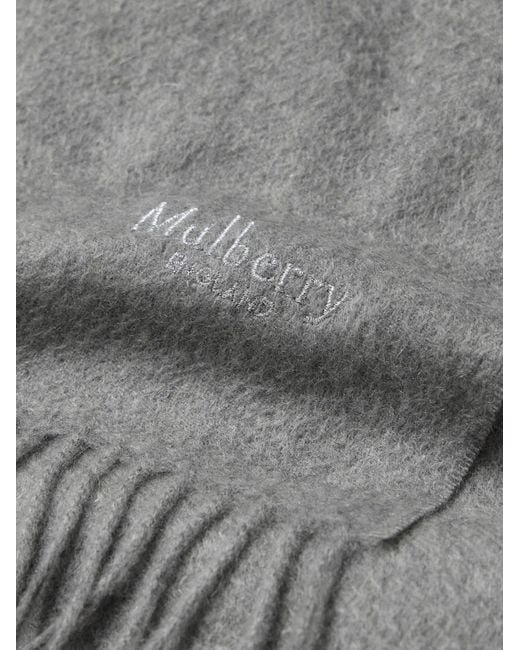 Mulberry Gray Fringed Logo-embroidered Cashmere Scarf for men