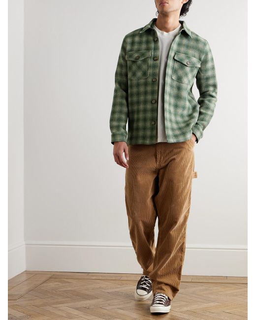 Portuguese Flannel Green Waffle-Knit Checked Wool Overshirt for men