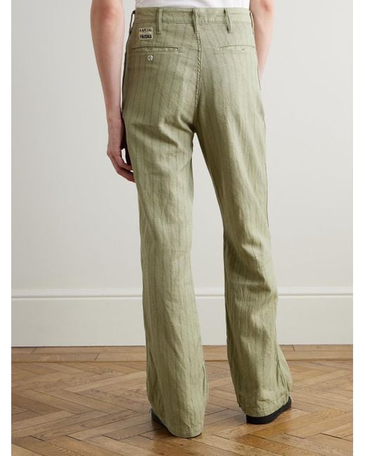 Kapital Green Gibson Straight-Leg Striped Linen And Cotton-Blend Twill Trousers for men