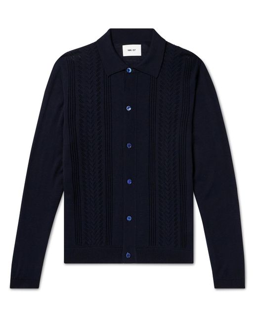 NN07 Blue Thor 6539 Pointelle-knit Wool-blend Cardigan for men
