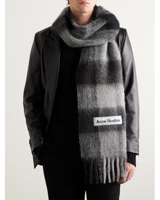 Acne Gray Fringed Checked Knitted Scarf for men