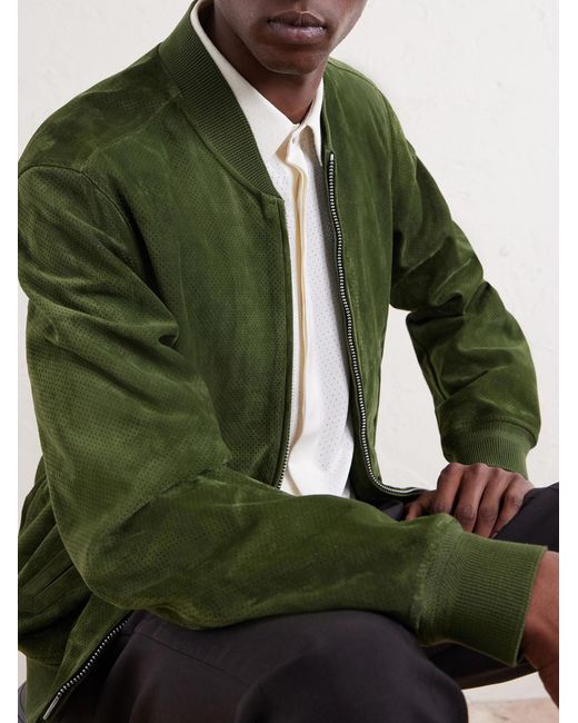 Tom Ford Green Perforated Suede Bomber Jacket for men