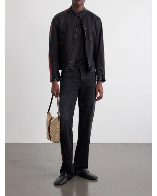 Gucci Blue Webbing-trimmed Denim Biker Jacket for men