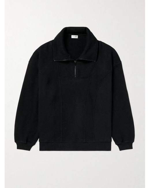 Felpa in jersey di cotone con logo ricamato e mezza zip di Saint Laurent in Black da Uomo