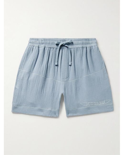 CHERRY LA Blue Vacation Straight-Leg Logo-Embroidered Cotton-Gauze Drawstring Shorts for men