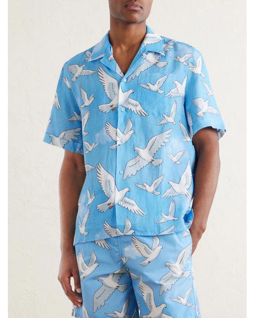 Vilebrequin Blue 3.Paradis Chelly Printed Camp-Collar Linen Shirt for men