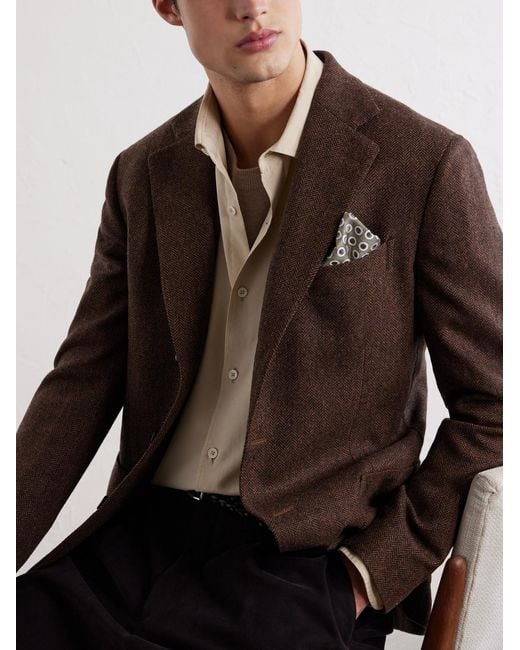 De Petrillo Brown Posillipo Wool And Cashmere-Blend Herringbone Blazer for men