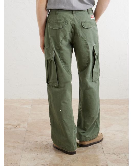 CHERRY LA Green Wide-Leg Paint-Splattered Cotton-Ripstop Cargo Trousers for men