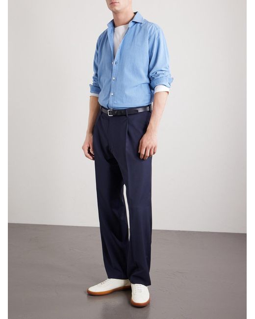 Boglioli Blue Straight-Leg Pleated Wool-Blend Trousers for men