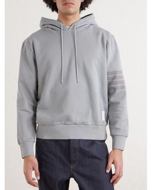 Thom Browne Gray Logo-Appliquéd Striped Cotton-Jersey Hoodie for men