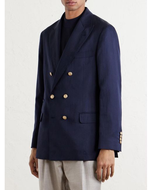 Brunello Cucinelli Blue Double-breasted Silk And Linen-blend Blazer for men