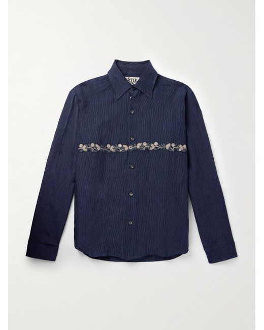 Kartik Research Blue Layered Appliquéd Embellished Embroidered Pinstriped Linen Shirt for men
