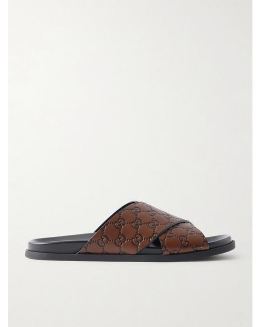 Gucci Brown Logo-Embossed Leather Sandals for men