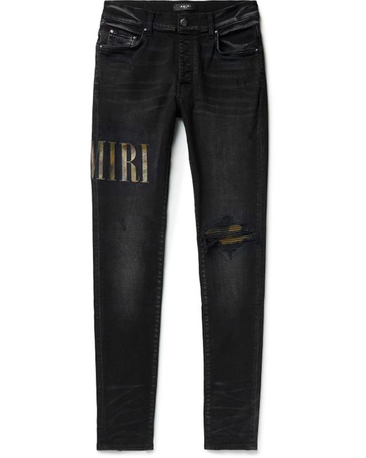 Amiri Denim Leather-trimmed Appliquéd Skinny Jeans in Black for Men | Lyst