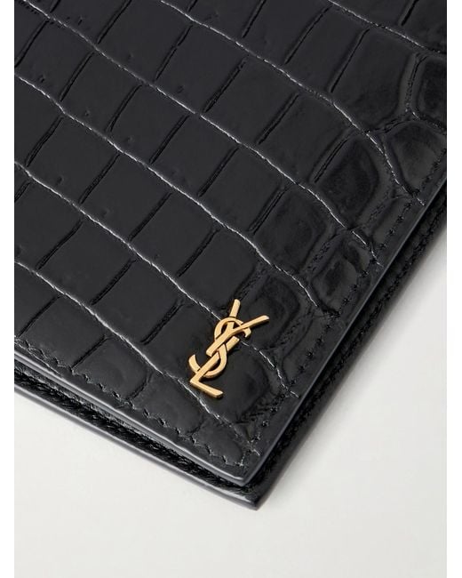 Saint Laurent Black Tiny Cassandre Logo-Appliquéd Croc-Effect Leather Bifold Wallet for men