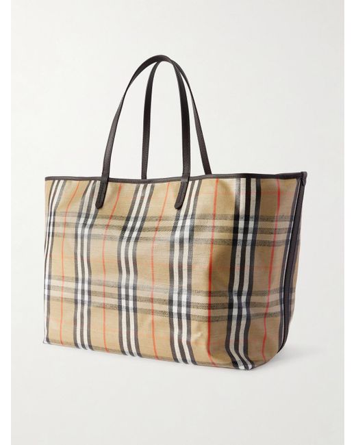 Burberry Natural Full-Grain Leather-Trimmed Checked Coated-Canvas Tote Bag for men