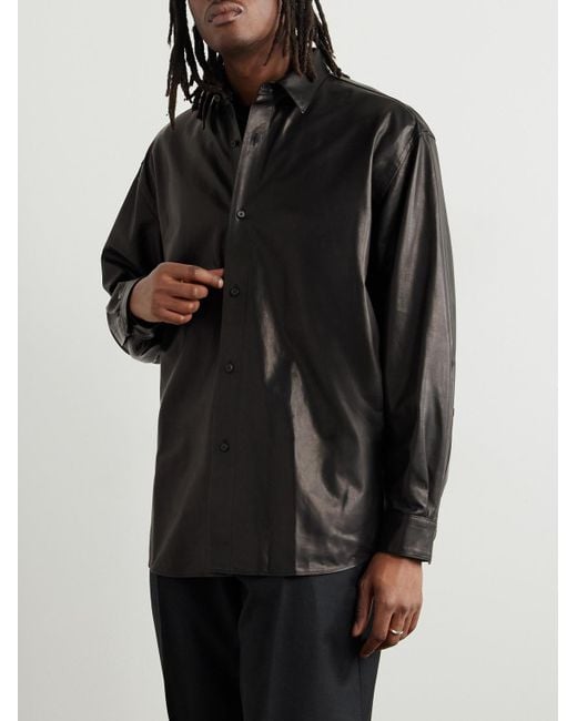 A.PRESSE Black Leather Shirt Jacket for men
