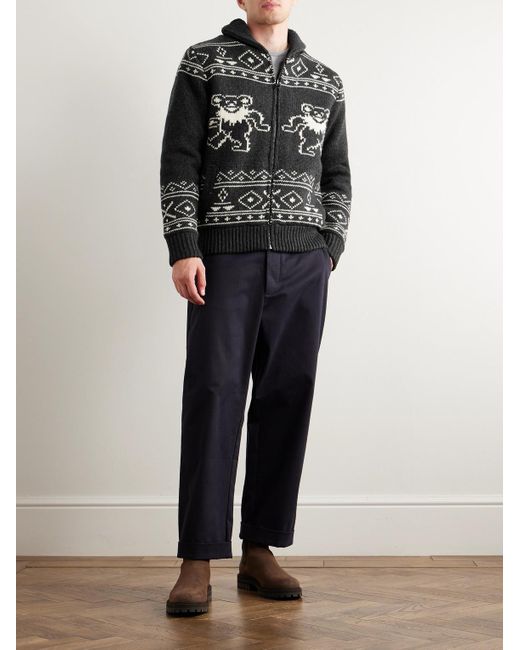 Schott Nyc Black Grateful Dead Shawl-collar Intarsia Wool-blend Cardigan for men