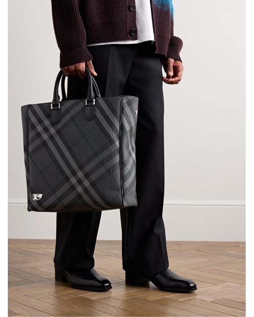 Burberry Black Leather-trimmed Checked Jacquard Tote Bag for men