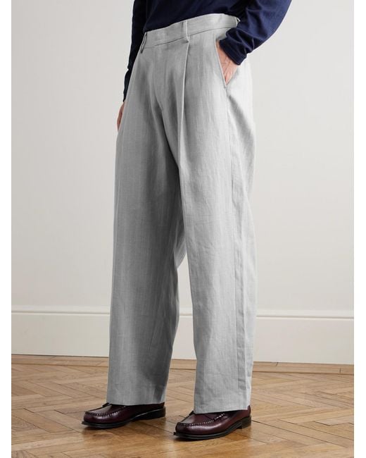 NN07 Gray Kay 1455 Straight-Leg Pleated Pinstriped Linen Trousers for men