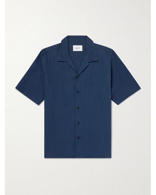 NN07 Blue Julio 5708 Camp-Collar Linen Shirt for men
