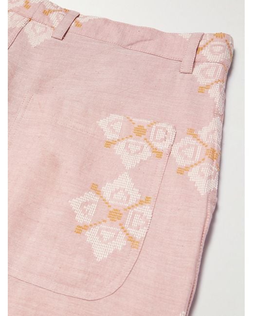 Kardo Pink Straight-Leg Embroidered Pleated Cotton Shorts for men